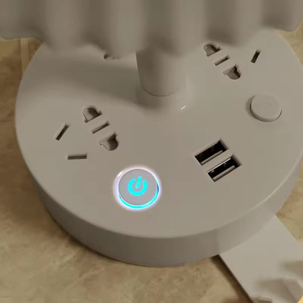 Lampe de Table Multifonction – Éclairage 3 Couleurs Ajustables, 3 Prises, 2 Ports USB et Support Téléphone – Blanc