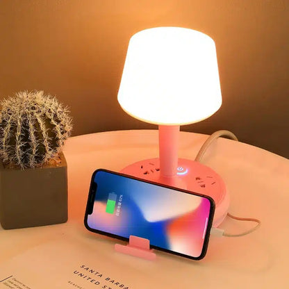 Lampe de Table Multifonction – Éclairage 3 Couleurs Ajustables, 3 Prises, 2 Ports USB et Support Téléphone – Rose