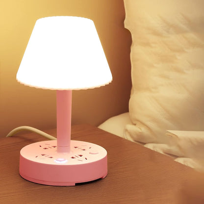 Lampe de Table Multifonction – Éclairage 3 Couleurs Ajustables, 3 Prises, 2 Ports USB et Support Téléphone – Rose