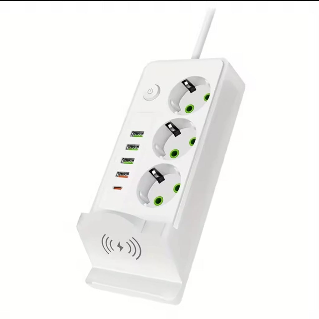 Multiprise Blanc Avec Chargeur Sans Fil – Support De Téléphone Intégré, USB & Prises Européennes