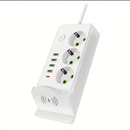 Multiprise Blanc Avec Chargeur Sans Fil – Support De Téléphone Intégré, USB & Prises Européennes