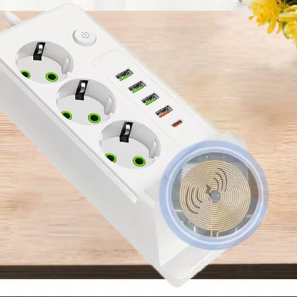 Multiprise Blanc Avec Chargeur Sans Fil – Support De Téléphone Intégré, USB & Prises Européennes