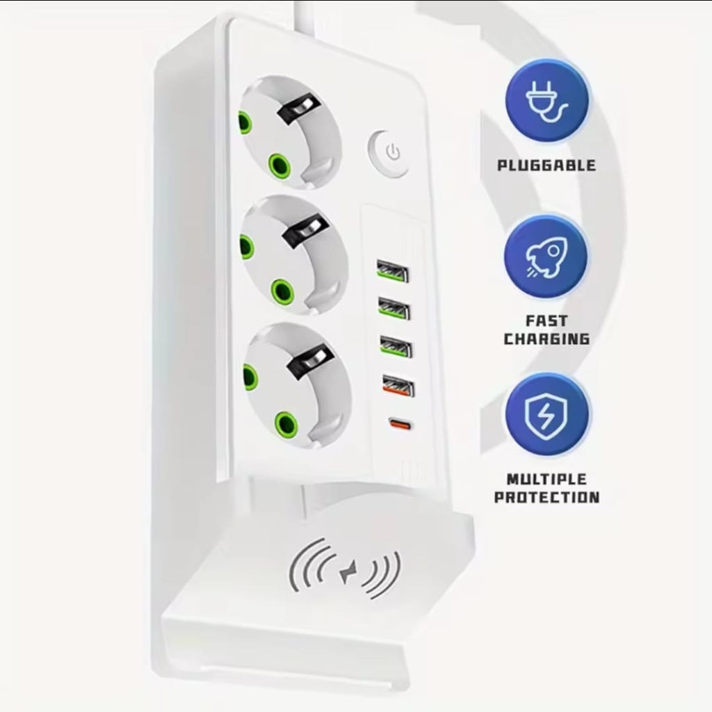 Multiprise Blanc Avec Chargeur Sans Fil – Support De Téléphone Intégré, USB & Prises Européennes