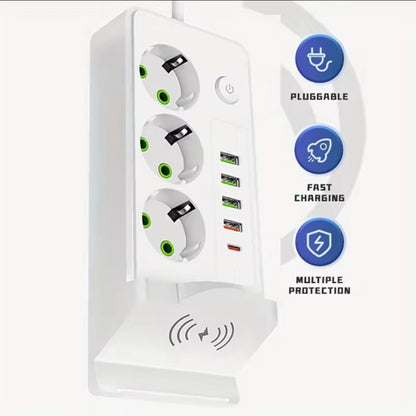 Multiprise Blanc Avec Chargeur Sans Fil – Support De Téléphone Intégré, USB & Prises Européennes
