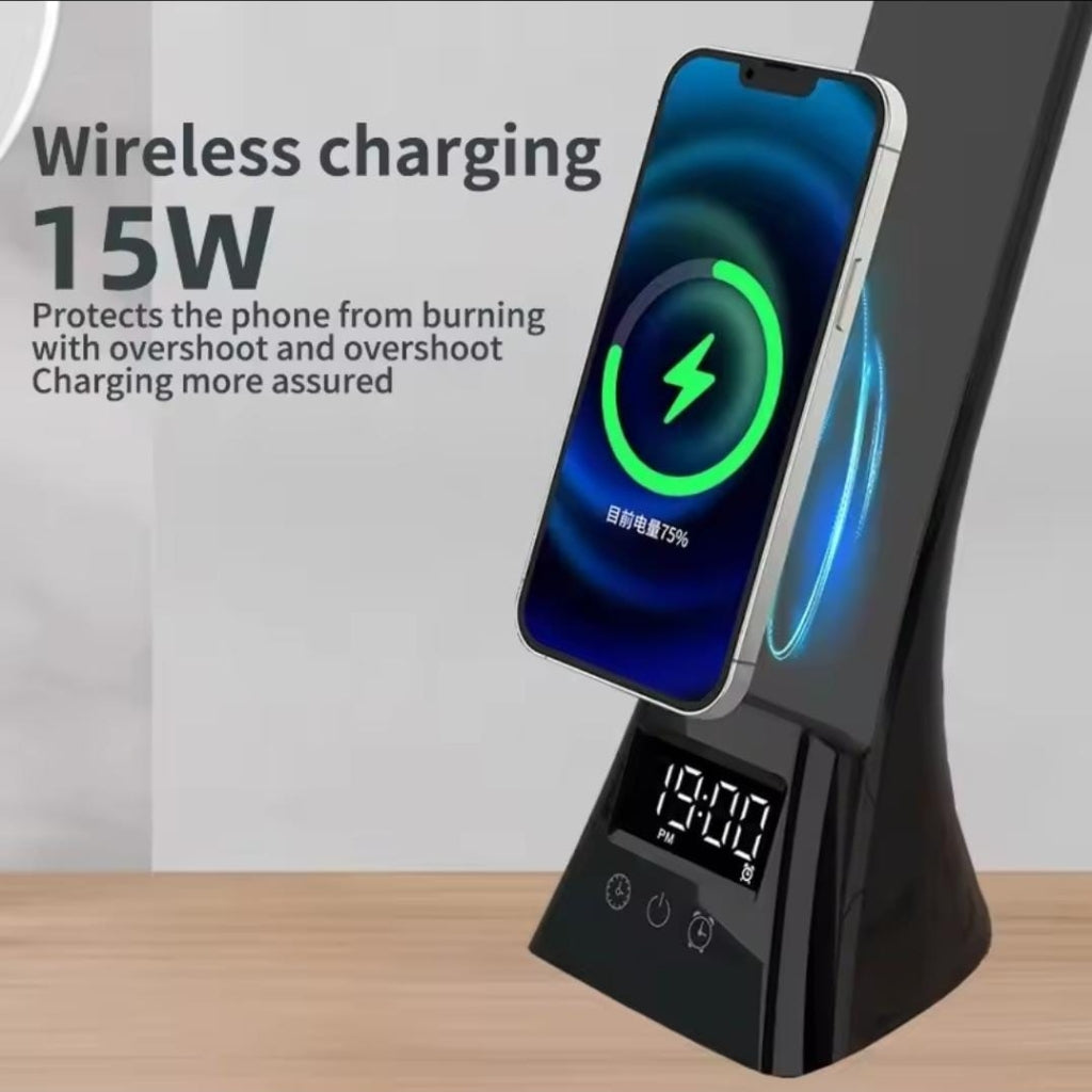Lampe de Bureau LED Multifonction avec Chargeur Sans Fil, Réveil et Réglage Tactile — Rotation à 180°, Lumière Variable USB