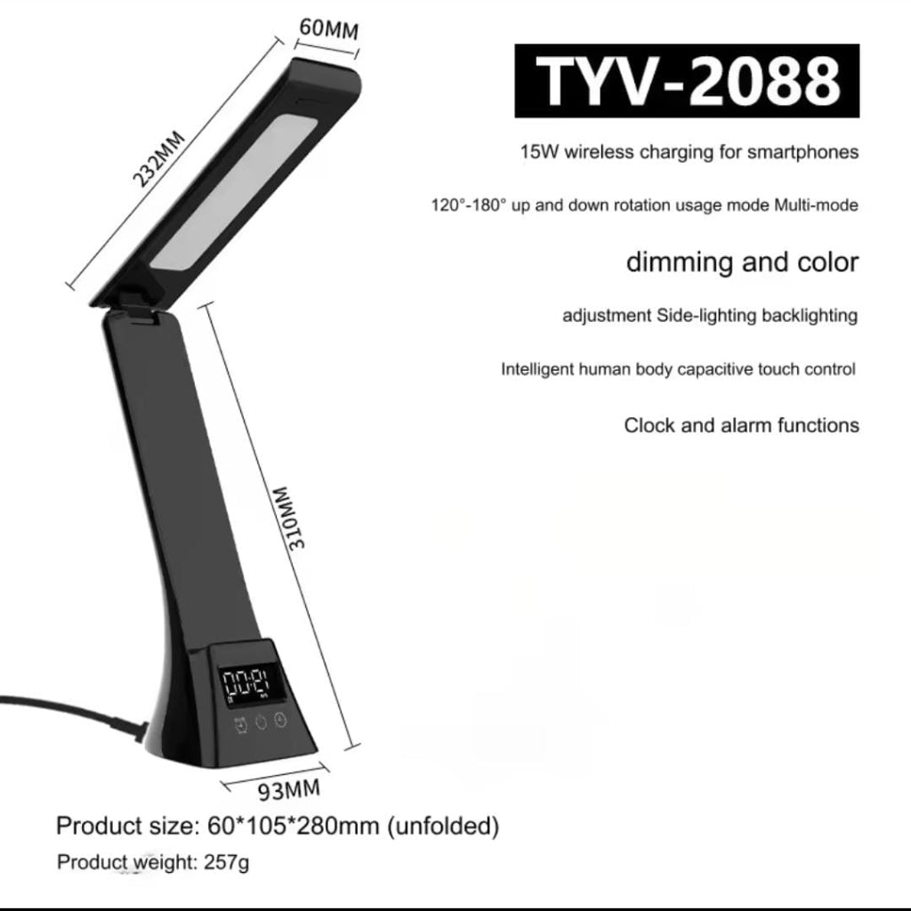 Lampe de Bureau LED Multifonction avec Chargeur Sans Fil, Réveil et Réglage Tactile — Rotation à 180°, Lumière Variable USB