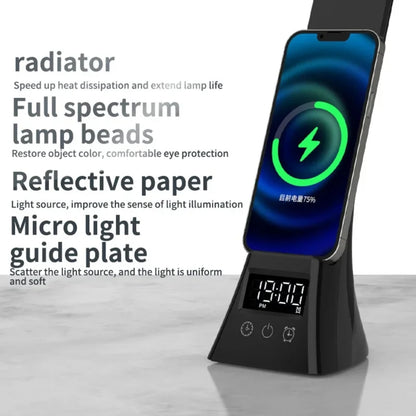 Lampe de Bureau LED Multifonction avec Chargeur Sans Fil, Réveil et Réglage Tactile — Rotation à 180°, Lumière Variable USB