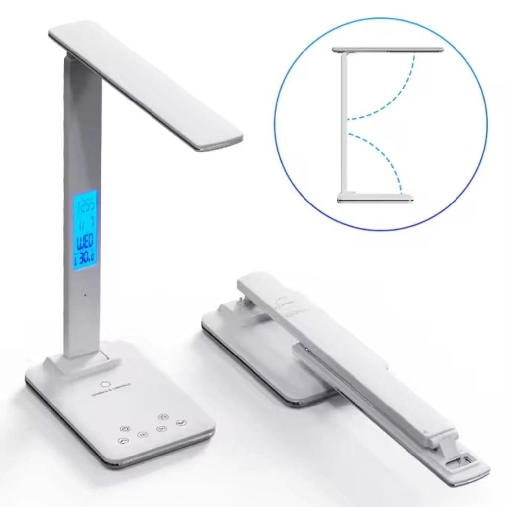 Lampe De Bureau LED 3-en-1 avec Réveil, Température et Charge Sans Fil – Éclairage Tactile Pliable et Protecteur Pour les Yeux