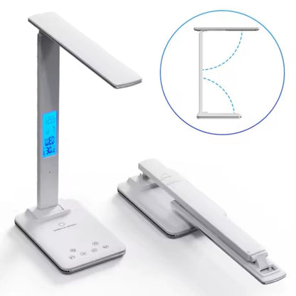 Lampe De Bureau LED 3-en-1 avec Réveil, Température et Charge Sans Fil – Éclairage Tactile Pliable et Protecteur Pour les Yeux