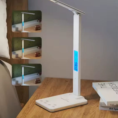 Lampe De Bureau LED 3-en-1 avec Réveil, Température et Charge Sans Fil – Éclairage Tactile Pliable et Protecteur Pour les Yeux