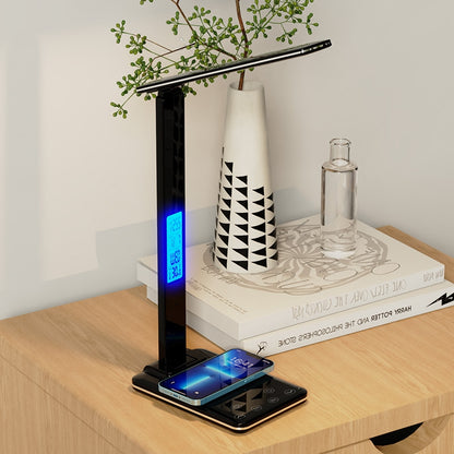 Lampe De Bureau LED 3-en-1 avec Réveil, Température et Charge Sans Fil – Éclairage Tactile Pliable et Protecteur Pour les Yeux