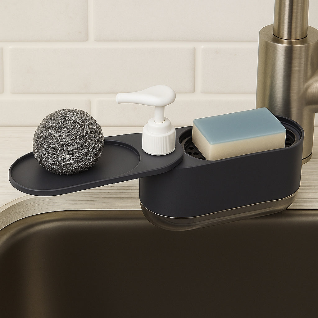 Distributeur Multi-Fonctions De Savon Liquide 3-En-1 Noir – Pour Mains et Vaisselle Avec Porte-Éponge Intégré