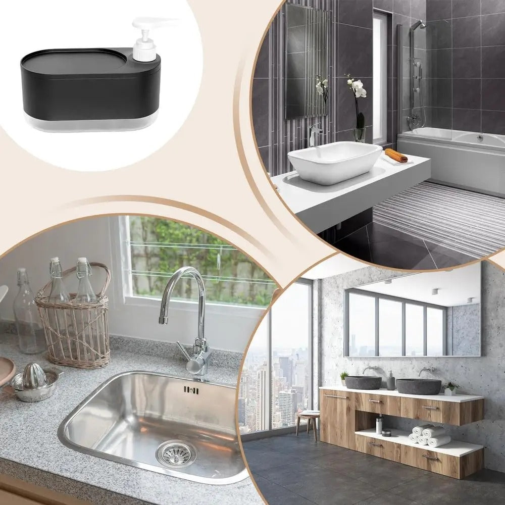 Distributeur Multi-Fonctions De Savon Liquide 3-En-1 Noir – Pour Mains et Vaisselle Avec Porte-Éponge Intégré