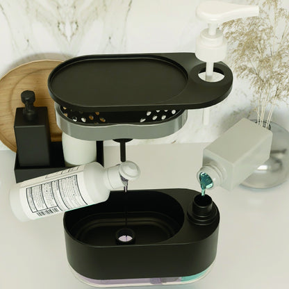 Distributeur Multi-Fonctions De Savon Liquide 3-En-1 Noir – Pour Mains et Vaisselle Avec Porte-Éponge Intégré