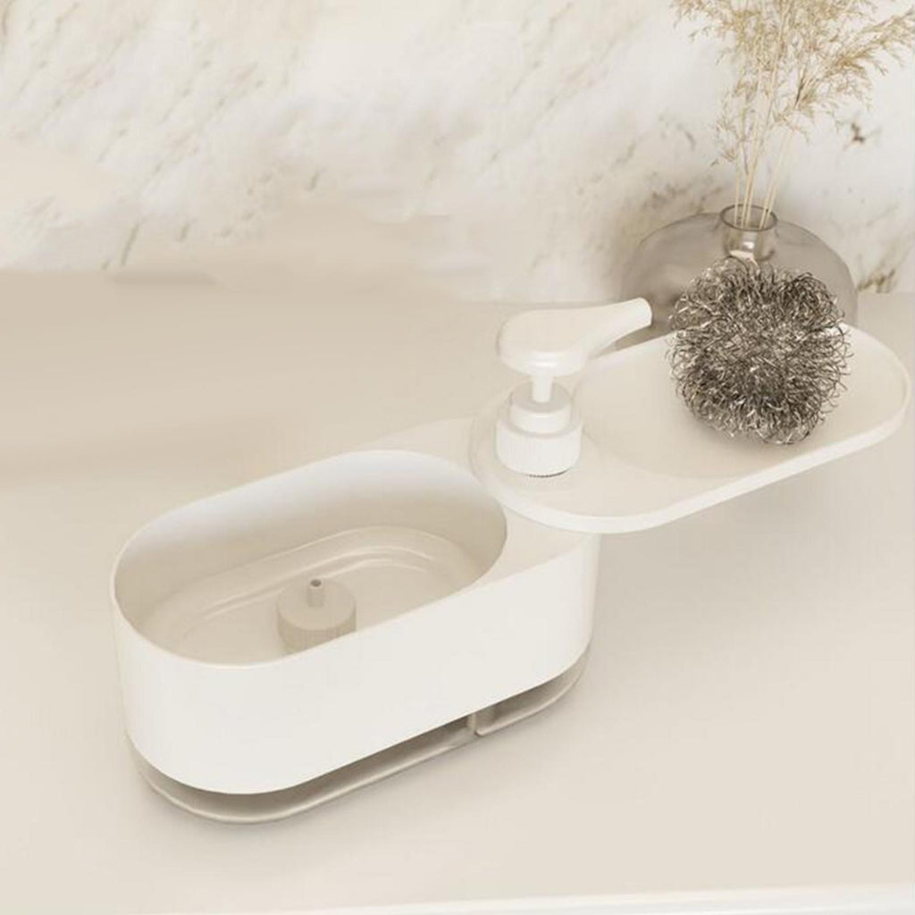 Distributeur Multi-Fonctions De Savon Liquide 3-En-1 – Pour Mains et Vaisselle Avec Porte-Éponge Intégré Blanc