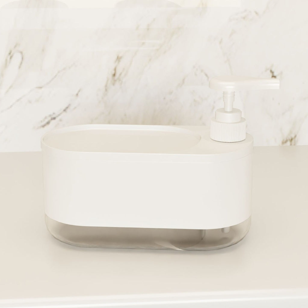 Distributeur Multi-Fonctions De Savon Liquide 3-En-1 – Pour Mains et Vaisselle Avec Porte-Éponge Intégré Blanc