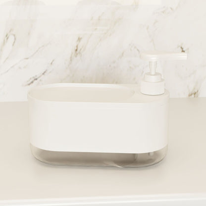 Distributeur Multi-Fonctions De Savon Liquide 3-En-1 – Pour Mains et Vaisselle Avec Porte-Éponge Intégré Blanc