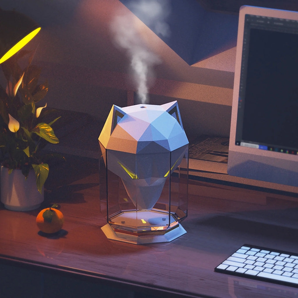Humidificateur Tête de Loup Blanc – Diffuseur d’Air Silencieux Avec Lumière LED et Réservoir de 650 ml