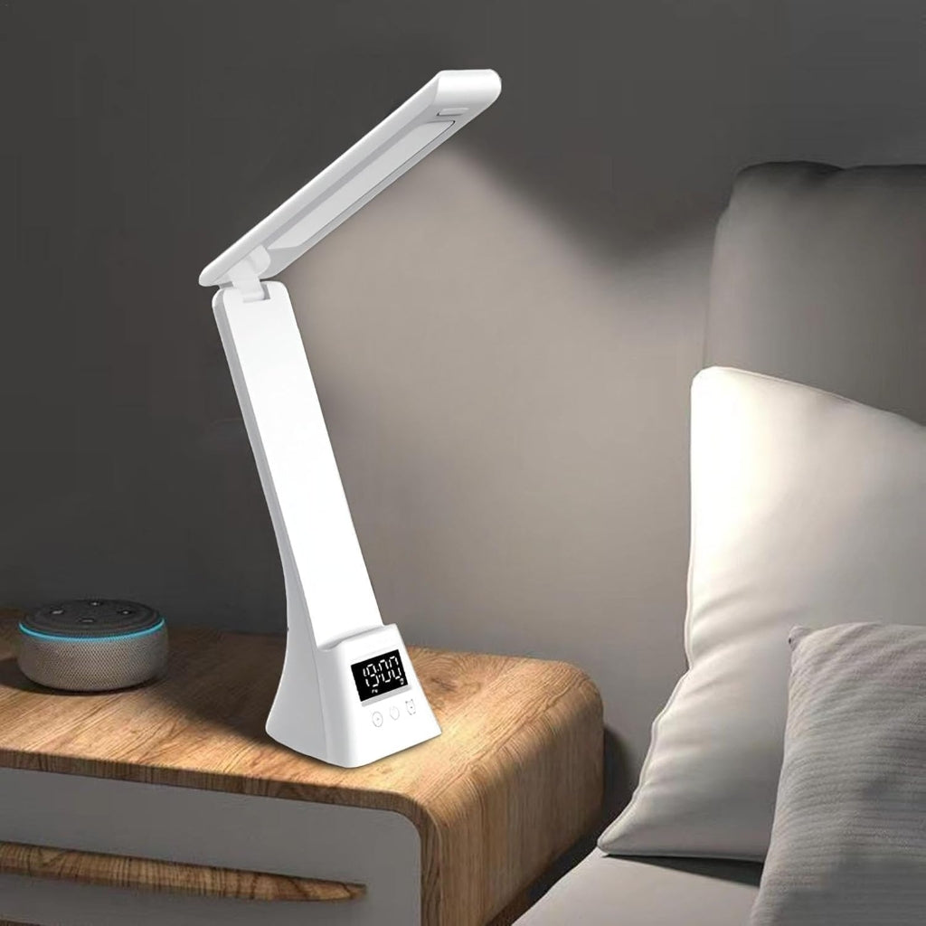 Lampe de Bureau LED Multifonction avec Chargeur Sans Fil, Réveil et Réglage Tactile — Rotation à 180°, Lumière Variable USB Blanc