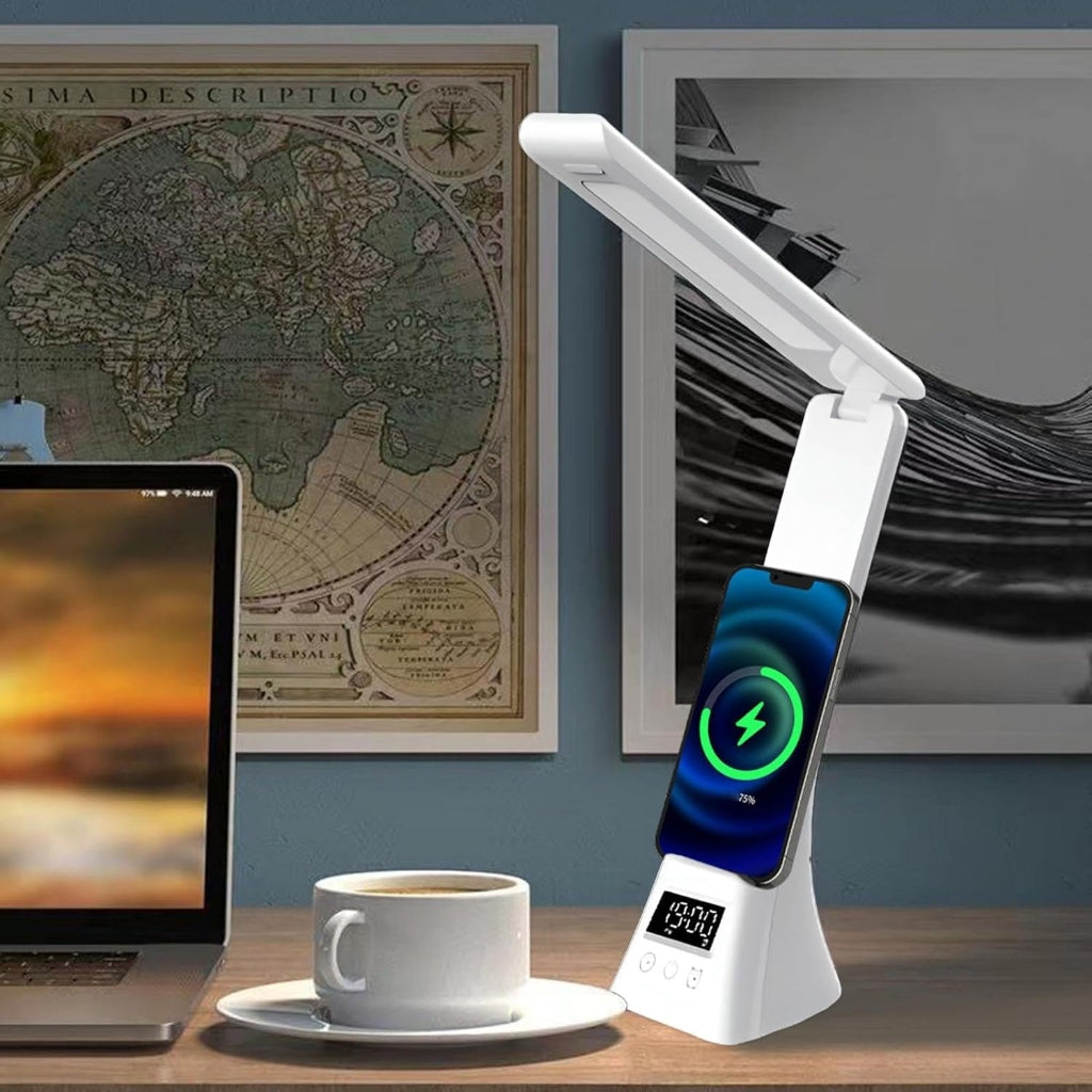 Lampe de Bureau LED Multifonction avec Chargeur Sans Fil, Réveil et Réglage Tactile — Rotation à 180°, Lumière Variable USB Blanc