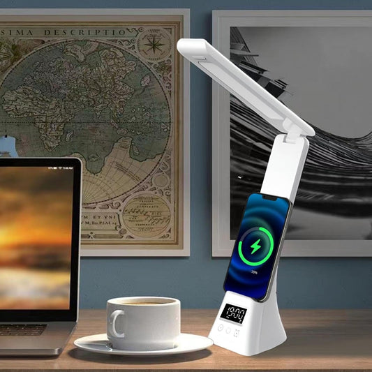 Lampe de Bureau LED Multifonction avec Chargeur Sans Fil, Réveil et Réglage Tactile — Rotation à 180°, Lumière Variable USB Blanc