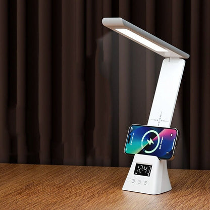Lampe de Bureau LED Multifonction avec Chargeur Sans Fil, Réveil et Réglage Tactile — Rotation à 180°, Lumière Variable USB Blanc
