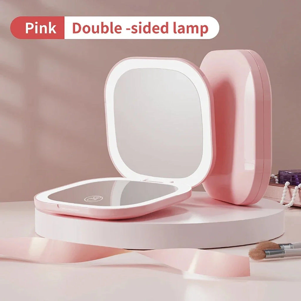 Miroir Cosmétique De Poche En Rose à LED – Double Face, Pliable et Grossissant