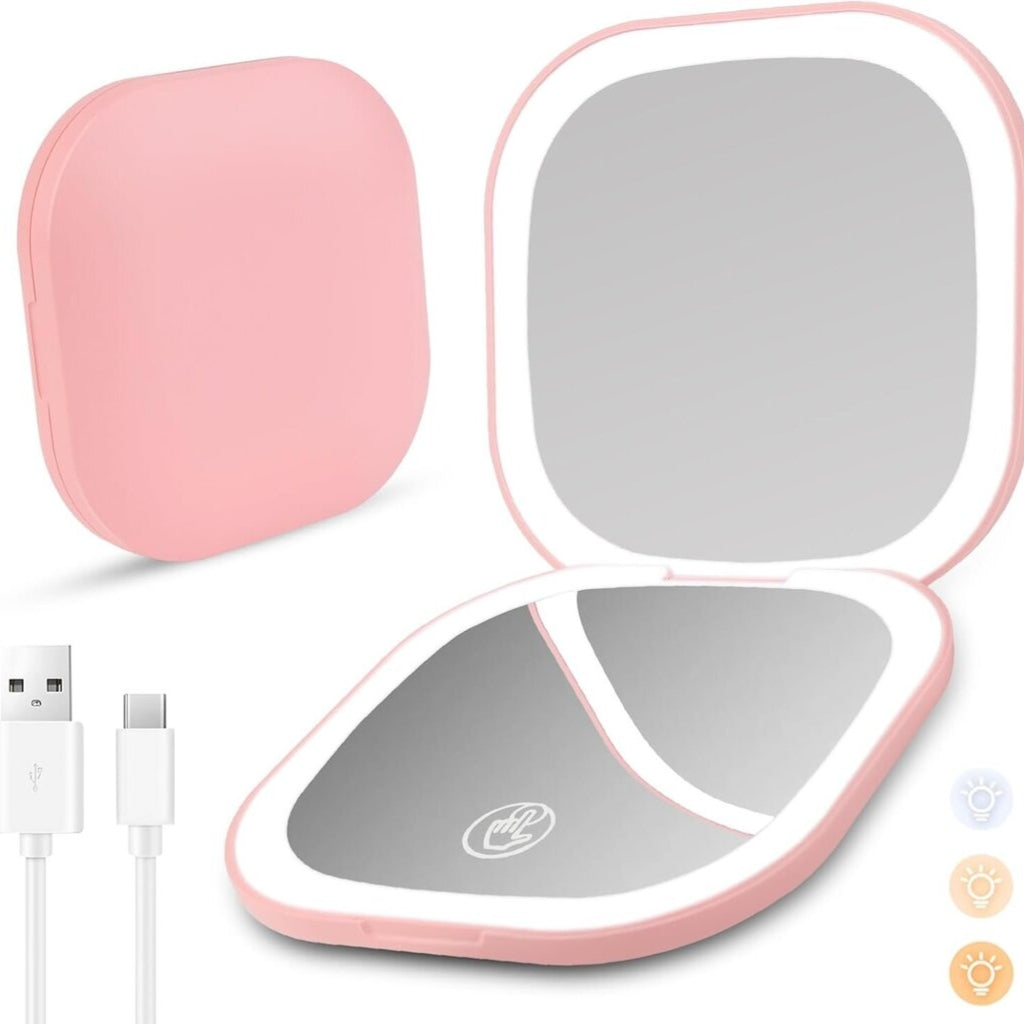 Miroir Cosmétique De Poche En Rose à LED – Double Face, Pliable et Grossissant
