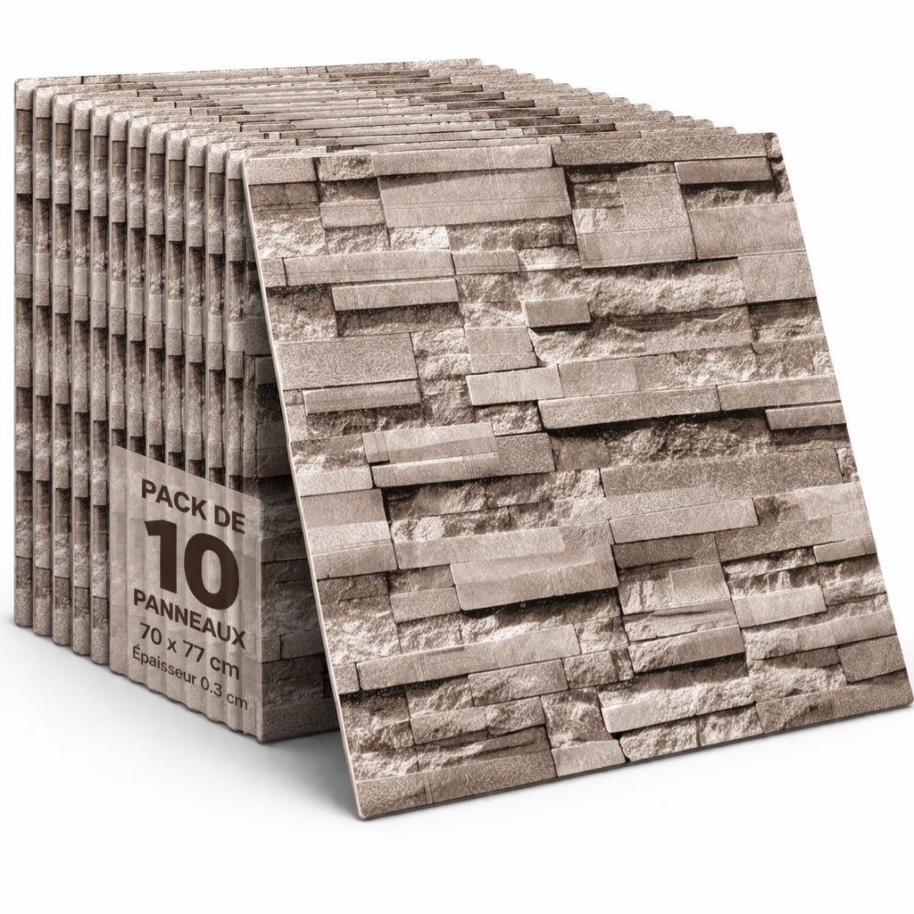 Pack de 10 Panneaux Muraux 3D Autocollants Effet Pierre – Anti-Humidité 70 × 77 cm