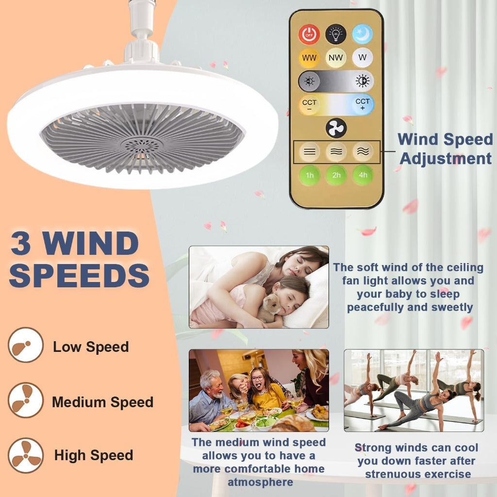 Ventilateur LED Douille E27 360° – Silencieux avec Télécommande