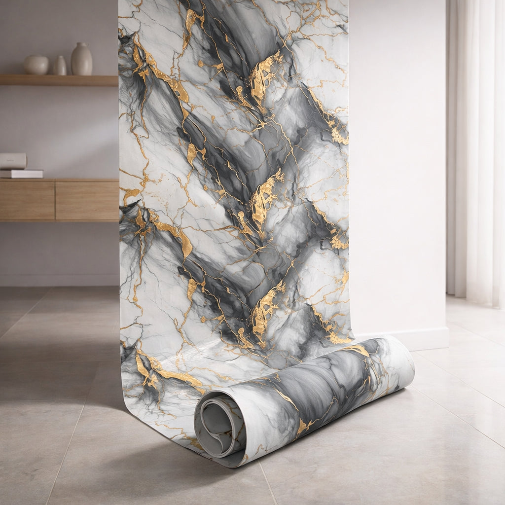 Rouleau Panneau Mural Autocollant Effet Marbre Noir Avec Des Veines Dorés 60 cm x 2,80 m – Épaisseur 3 mm