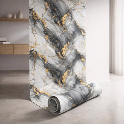 Rouleau Panneau Mural Autocollant Effet Marbre Noir Avec Des Veines Dorés 60 cm x 2,80 m – Épaisseur 3 mm