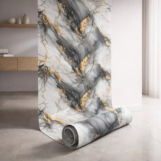Rouleau Panneau Mural Autocollant Effet Marbre Noir Avec Des Veines Dorés 60 cm x 2,80 m – Épaisseur 3 mm
