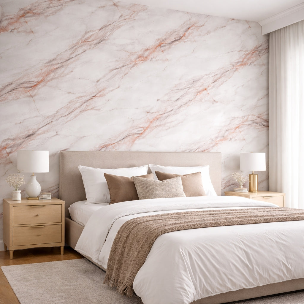 Rouleau Panneau Mural Autocollant Blanc Effet Marbre Avec Des Veines Rosées 60 cm x 2,80 m