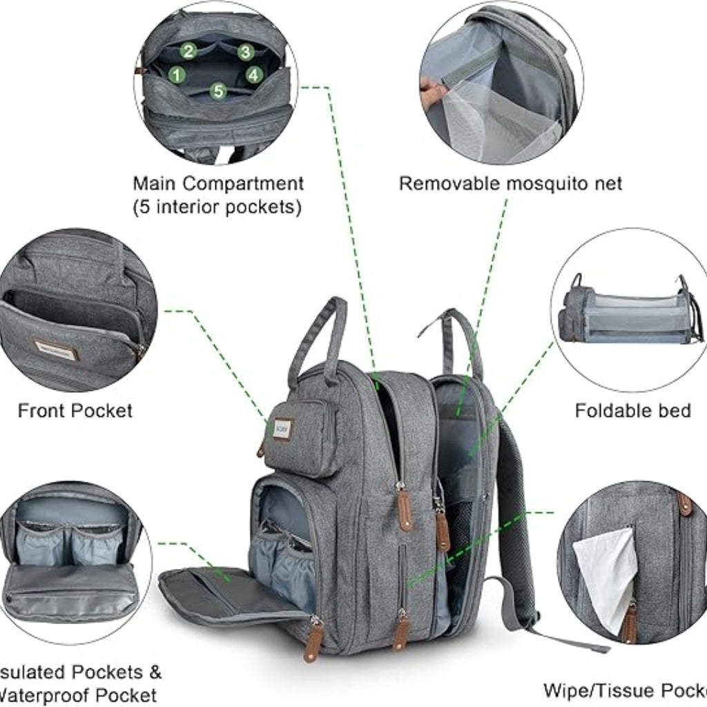 Sac à Dos de Maternité Multifonction avec Lit Pliable – Grande Capacité, USB & Poches Isothermes - Gris Charbon
