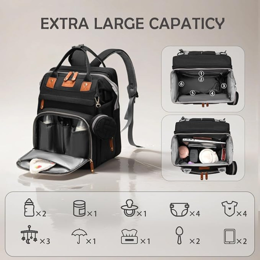 Sac à Dos de Maternité Multifonction avec Lit Pliable – Grande Capacité, USB & Poches Isothermes - Noir