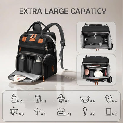 Sac à Dos de Maternité Multifonction avec Lit Pliable – Grande Capacité, USB & Poches Isothermes - Noir