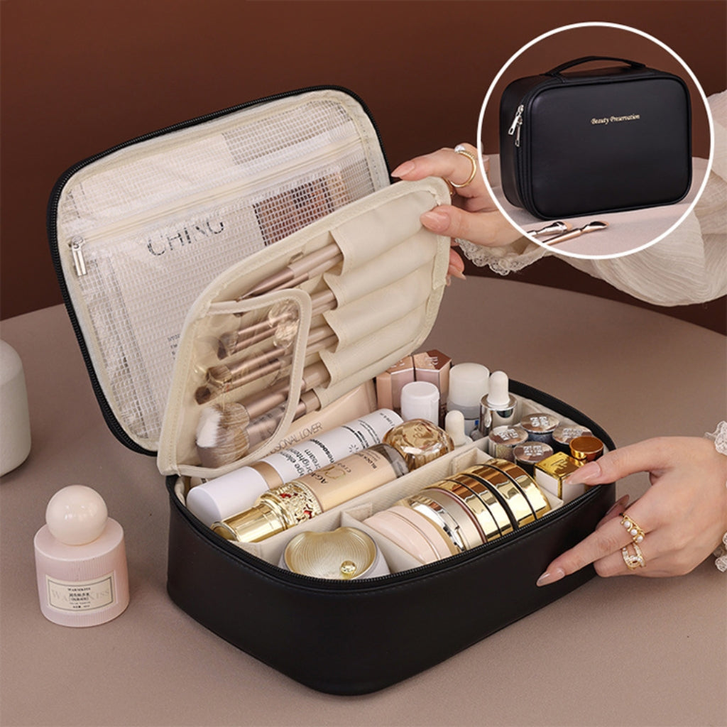 Trousse de Maquillage de Voyage Multifonctions Portable en Similicuir – Noir (24 × 18 × 9 cm)