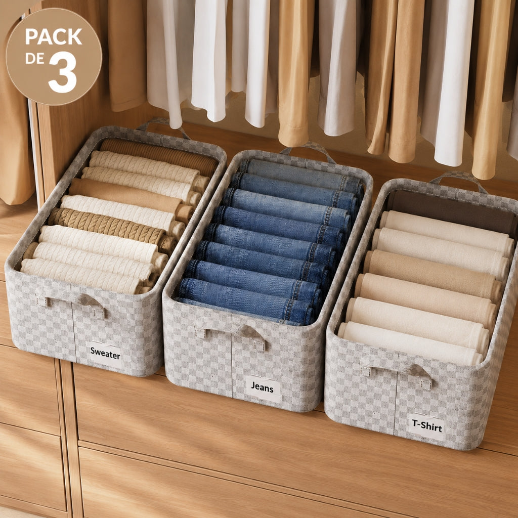 Pack de 3 Paniers de Rangement en Tissu Imperméable 26L Beige – Organisateur Pliable avec Poignées