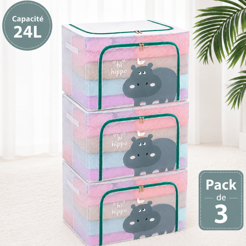 Pack de 3 Boîtes de Rangement Pliable 24 L 39 × 29 × 20 cm –Double Fermeture - Motif Hippopotame imprimé