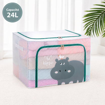 Pack de 3 Boîtes de Rangement Pliable 24 L 39 × 29 × 20 cm –Double Fermeture - Motif Hippopotame imprimé