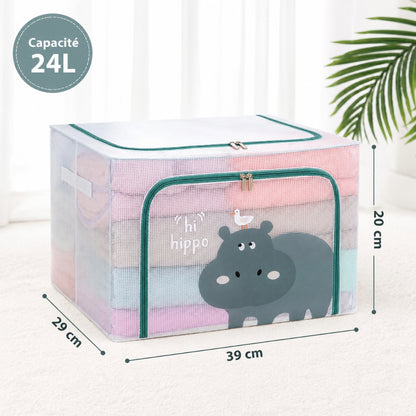 Pack de 3 Boîtes de Rangement Pliable 24 L 39 × 29 × 20 cm –Double Fermeture - Motif Hippopotame imprimé