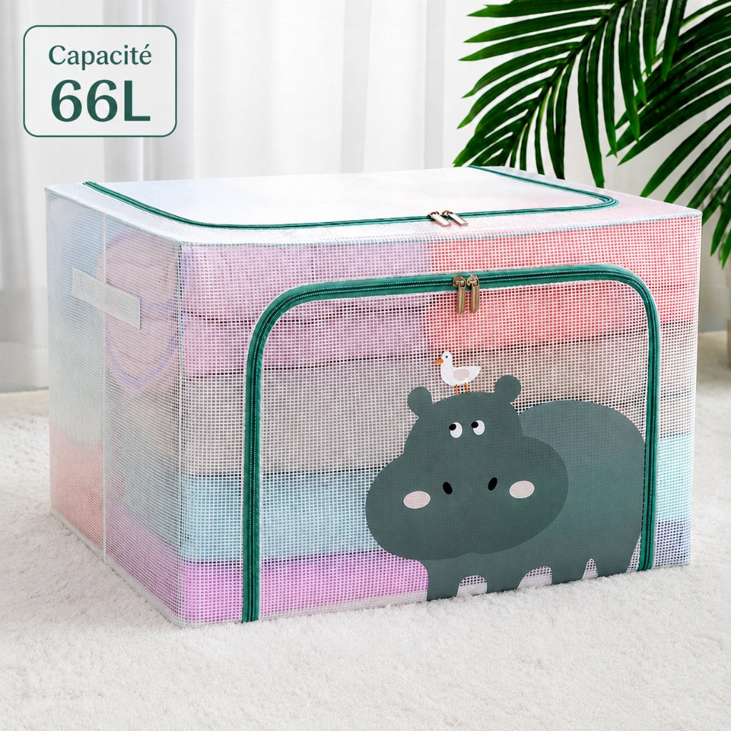 Boîte de Rangement Pliable 66 L 50 x40 x 33cm – Motif Hippopotame Imprimé – Double Fermeture