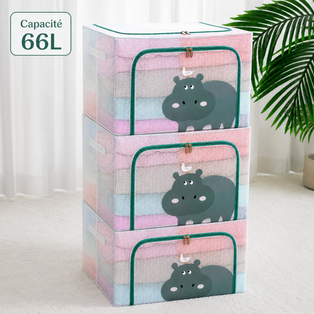 Pack de 3 Boîtes de Rangement Pliables 66 L66 L 50 x40 x 33cm – Motif Hippopotame Imprimé – Double Fermeture