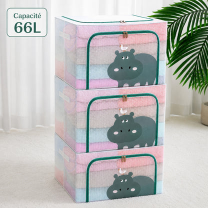 Pack de 3 Boîtes de Rangement Pliables 66 L66 L 50 x40 x 33cm – Motif Hippopotame Imprimé – Double Fermeture
