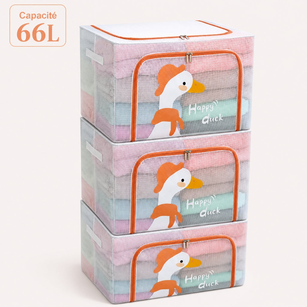 Pack de 3 Boîtes de Rangement Pliables 66 L66 L 50 x40 x 33cm – Motif Happy Duck Imprimé – Double Fermeture