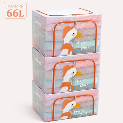 Pack de 3 Boîtes de Rangement Pliables 66 L66 L 50 x40 x 33cm – Motif Happy Duck Imprimé – Double Fermeture