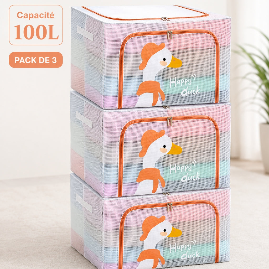 Pack de 3 Boîtes de Rangement Pliables 100L 60x40 x 40cm – Motif Happy Duck Imprimé – Double Fermeture