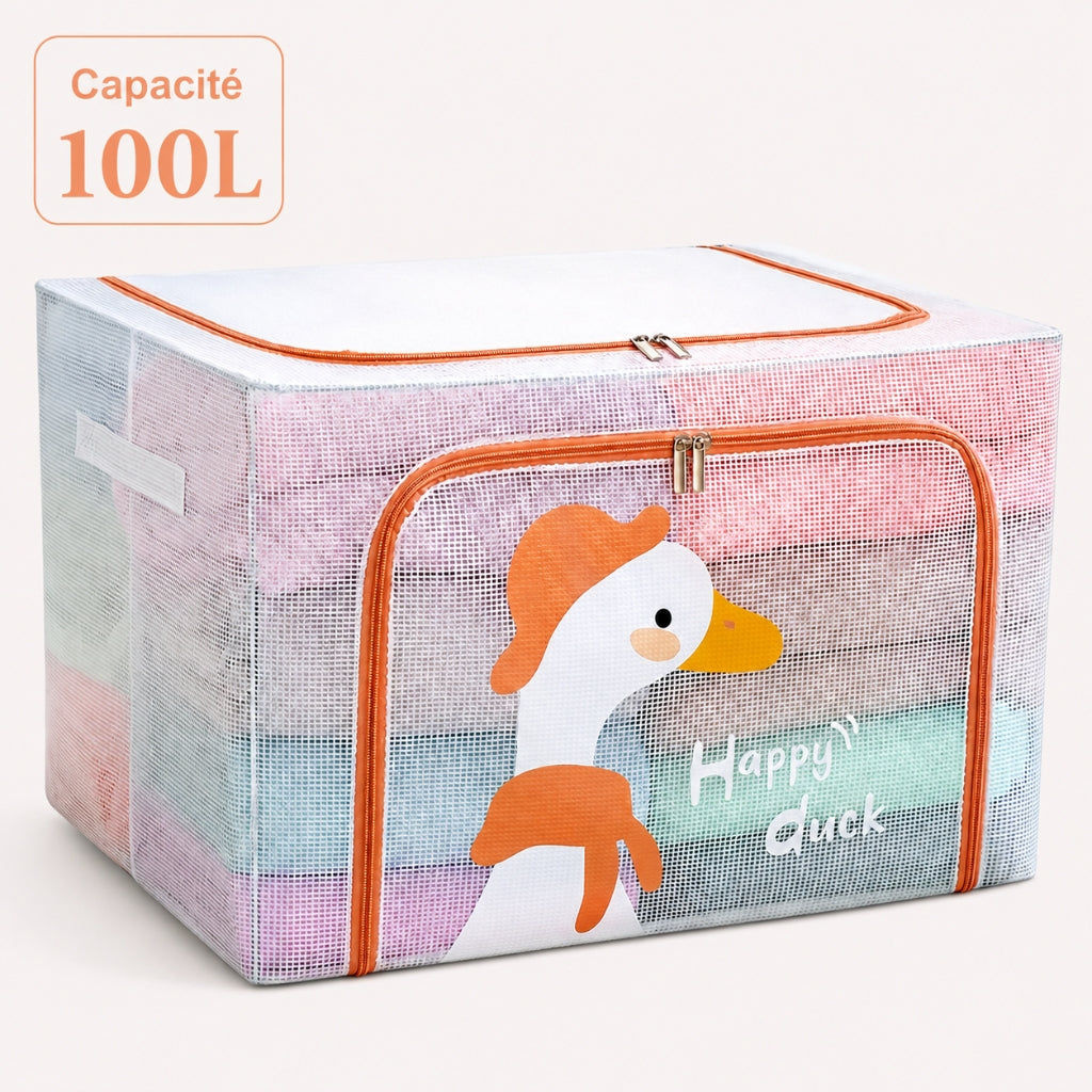 Pack de 3 Boîtes de Rangement Pliables 100L 60x40 x 40cm – Motif Happy Duck Imprimé – Double Fermeture