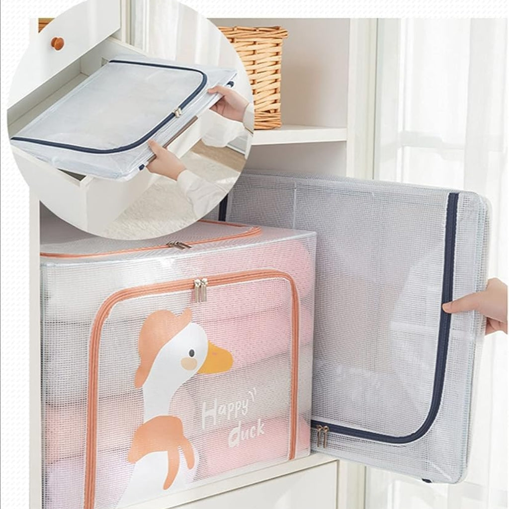 Pack de 3 Boîtes de Rangement Pliables 100L 60x40 x 40cm – Motif Happy Duck Imprimé – Double Fermeture